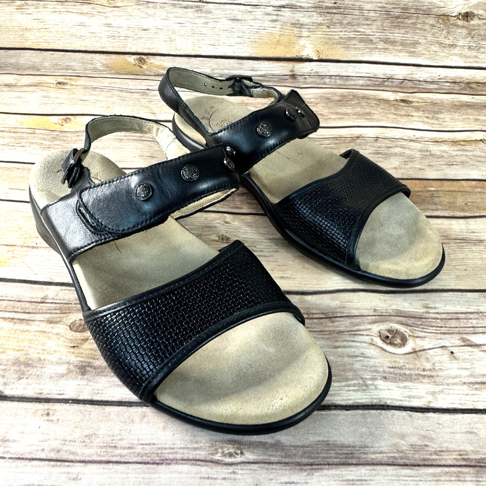 SAS Womens Black Leather Lisette Woven & Studded Open Toe Comfort Sandals 7.5M
